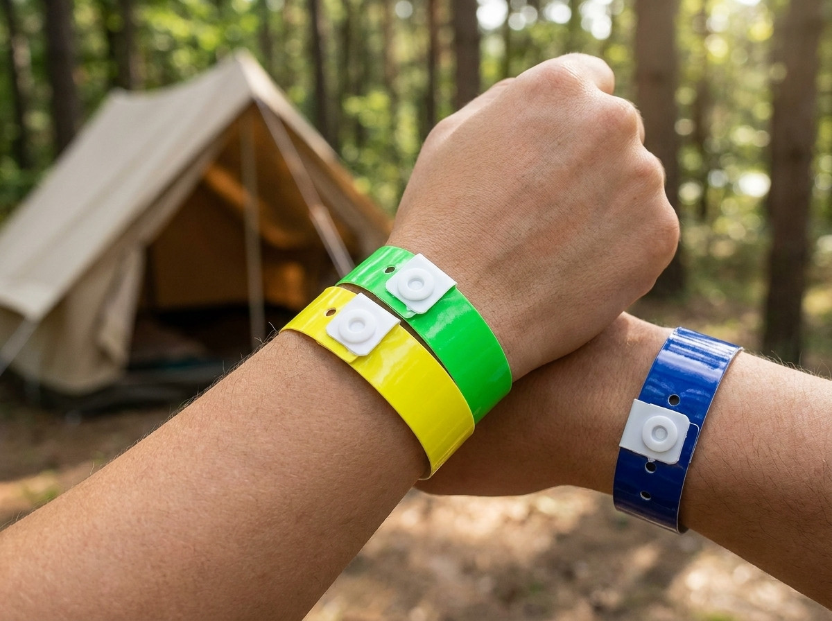 Pulseiras de campismo coloridas em Tyvek usadas por campistas na entrada de uma piscina exterior ensolarada
