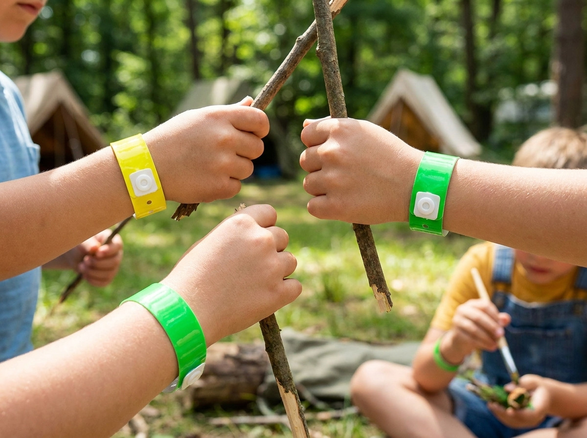 Pulseiras Tyvek coloridas para mini-clube de campismo, usadas por crianças a participar numa animação ao ar livre