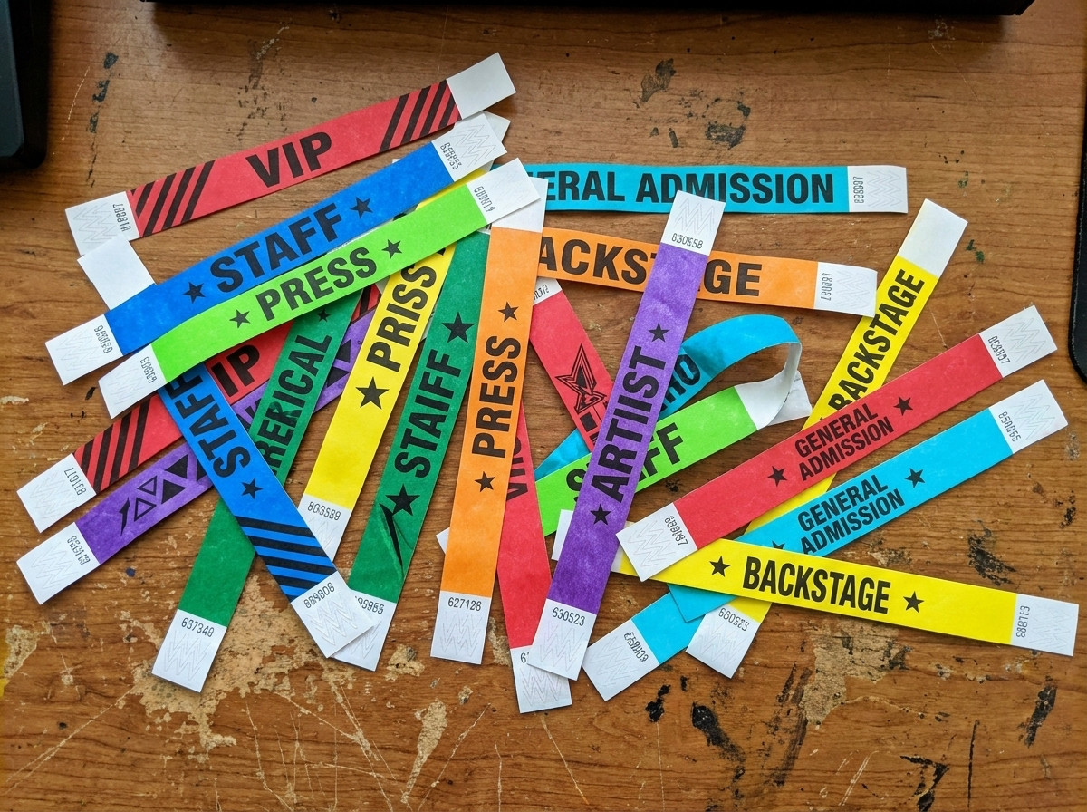 Pulseiras de festival coloridas Tyvek dispostas em uma mesa de controle, mostrando diferentes cores e impressoes para distinguir os tipos de passe