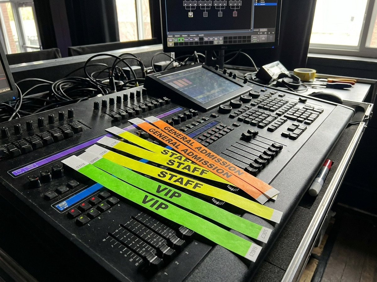 Pulseiras de concerto personalizadas em Tyvek, diferentes cores para VIP, staff e público, colocadas sobre uma mesa de controlo de luz em backstage