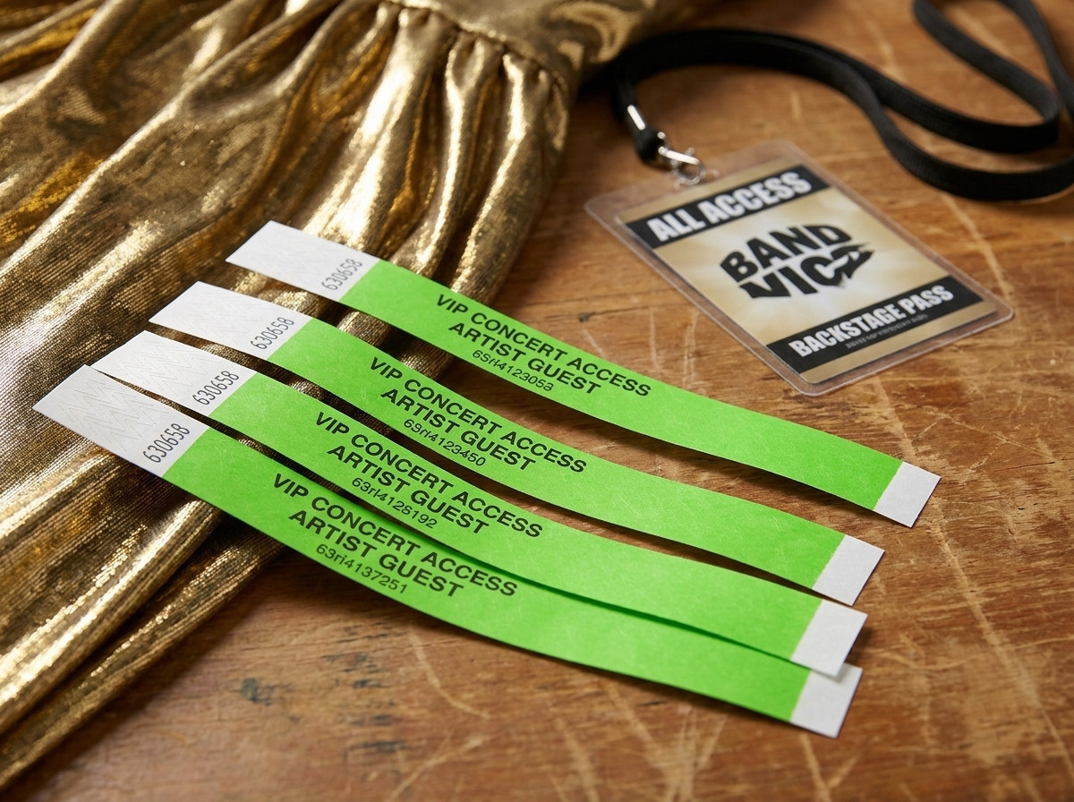 Pulseiras VIP personalizadas para concerto, colocadas sobre uma mesa de backstage com laminado dourado e credencial de artista