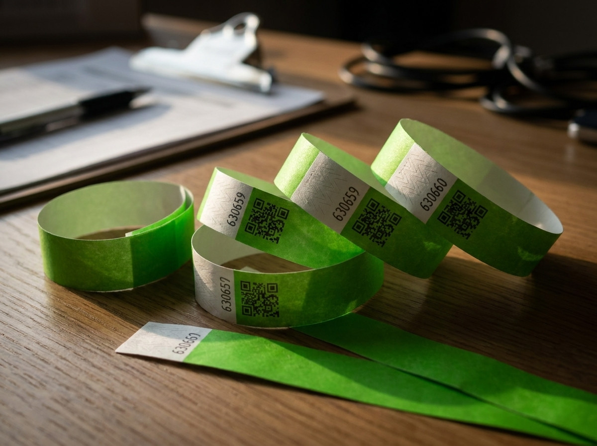 Pulseiras de controlo de acesso em Tyvek personalizadas com códigos QR e numeração sequencial, colocadas sobre uma mesa de produção de eventos