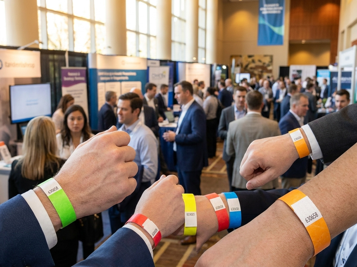 Pulseiras Tyvek coloridas usadas por profissionais na entrada de um salão B2B, com código de barras visível e fecho anti-transferência