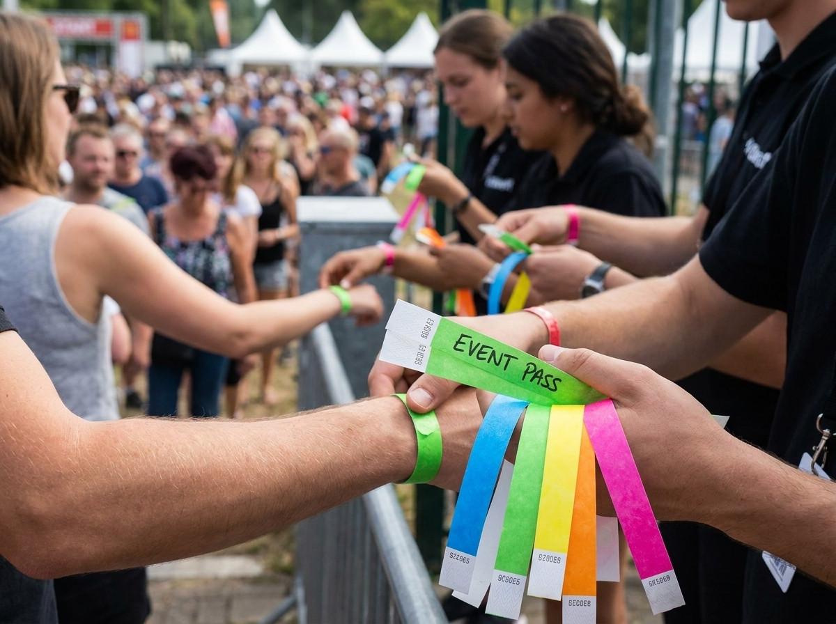 Pulseiras Tyvek coloridas entregues a espectadores na entrada de um estádio durante uma partida de futebol