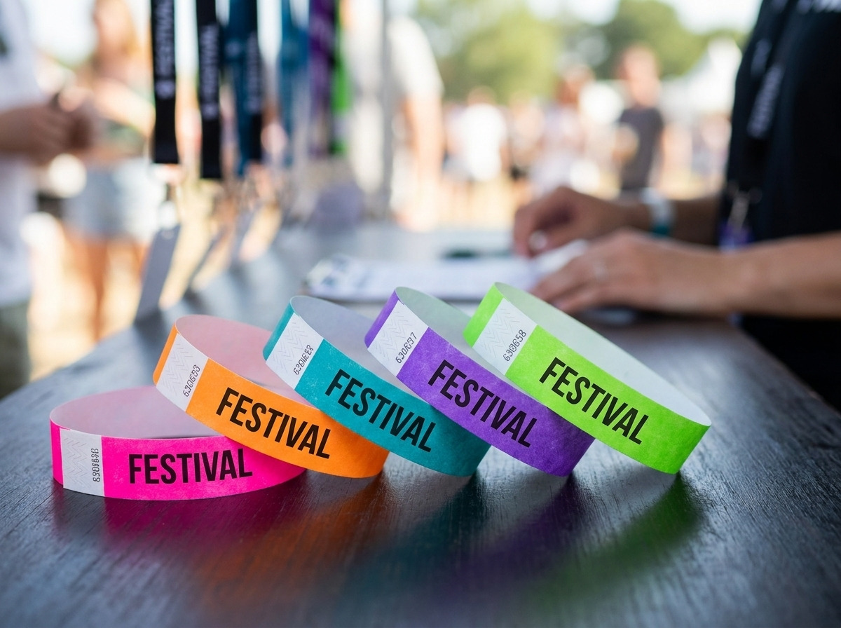 Pulseiras de festival personalizadas em Tyvek multicoloridas com impressão HD e fecho anti-transferência, colocadas sobre uma mesa de produção de eventos
