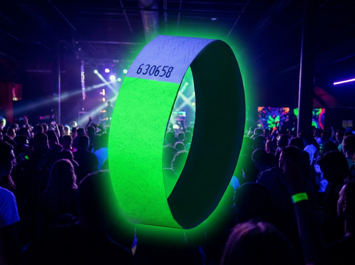 Pulseiras Tyvek fluor para festival eletro sob luz negra, com logotipo e codigo QR impressos em alta definicao