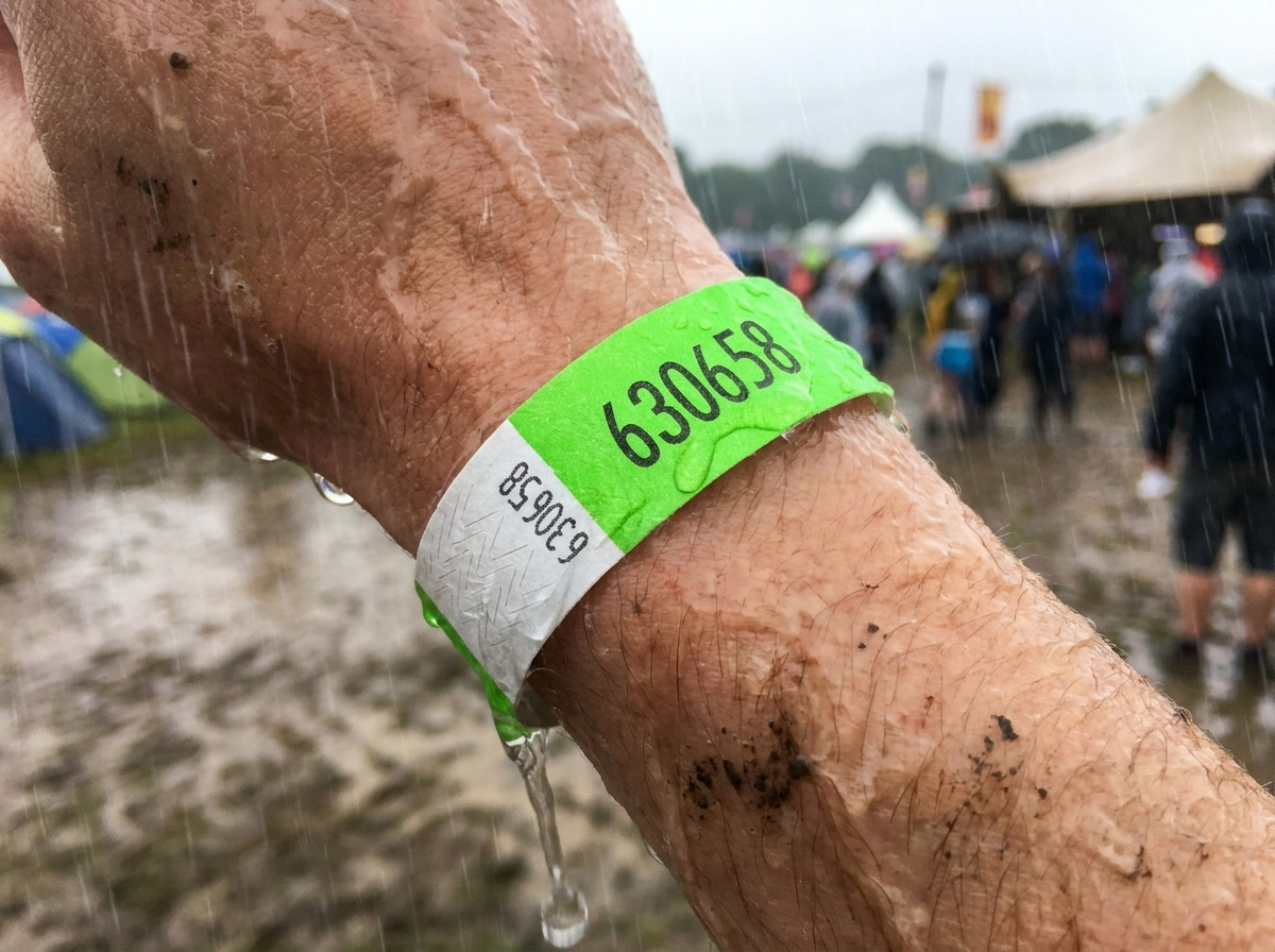 Primer plano de uma pulseira personalizada usada no pulso durante um festival de varios dias sob chuva, permanecendo intacta e legivel