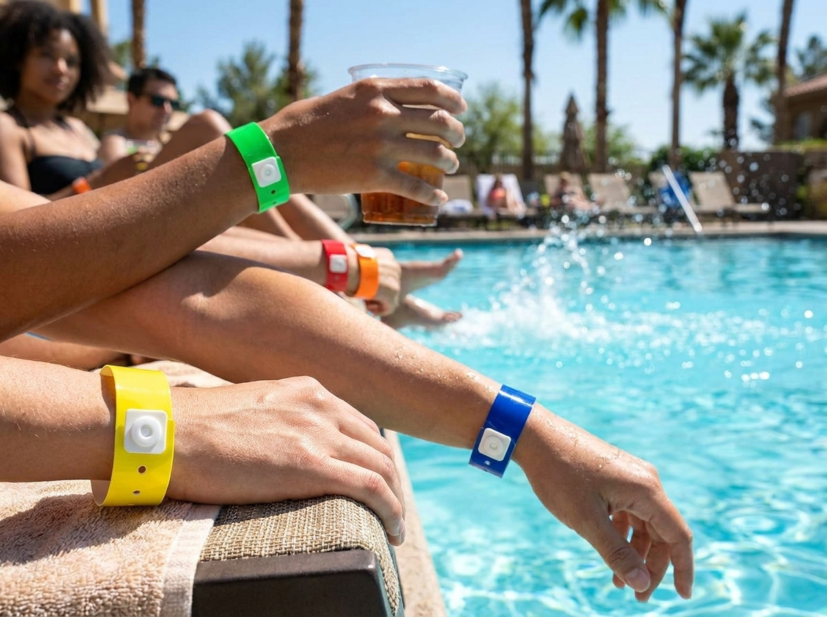 Pulseiras vinil coloridas usadas no pulso de clientes a beira de uma piscina exterior de hotel ensolarada