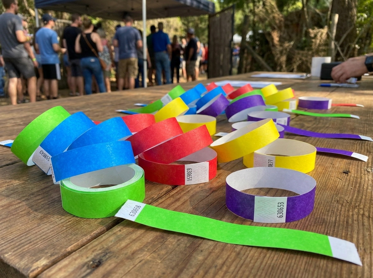 Pulseiras de identificação em Tyvek personalizadas para crianças, pacientes e eventos, colocadas sobre uma mesa com impressão HD legível