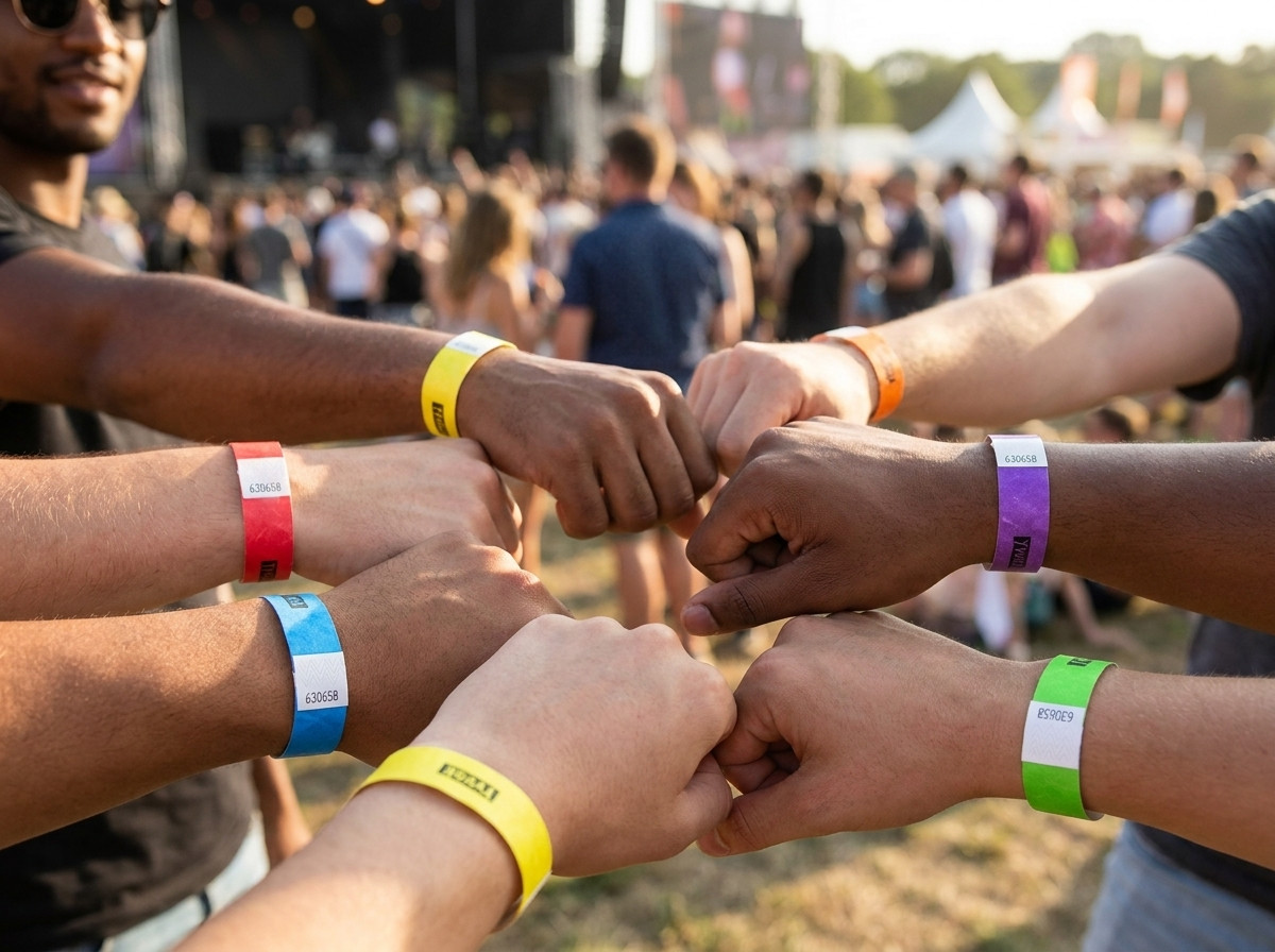 Pulseiras Tyvek multicoloridas para identificacao das categorias de visitantes num festival ao ar livre