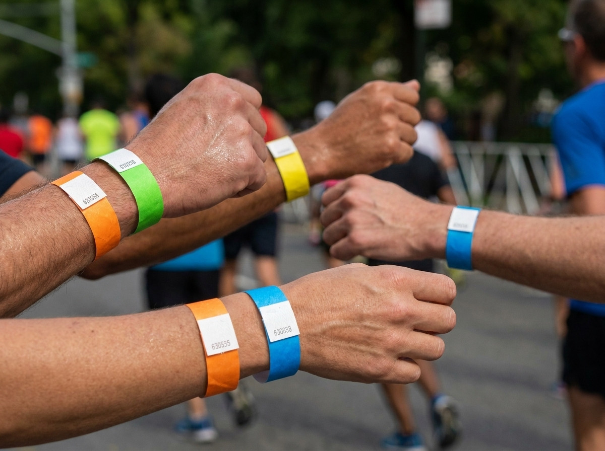 Corredores com pulseiras de identificacao coloridas durante uma maratona urbana