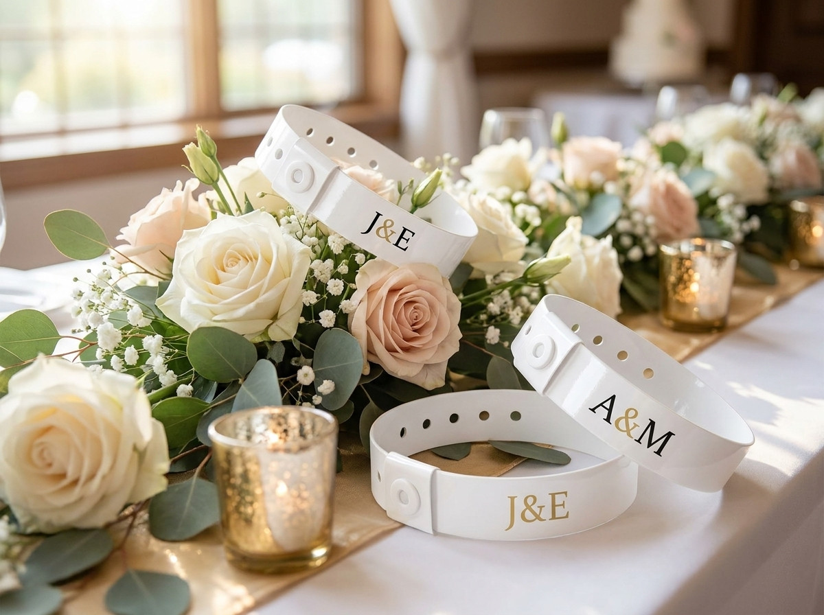 Pulseiras de casamento personalizadas em branco com iniciais douradas dispostas sobre uma mesa de decoração floral
