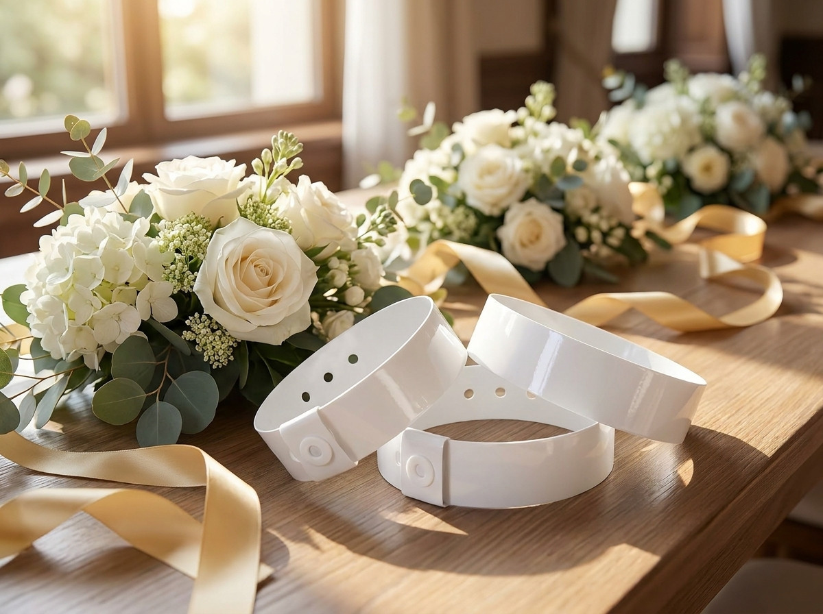 Pulseiras VIP de casamento personalizadas pousadas sobre uma mesa decorada com flores brancas e fitas douradas