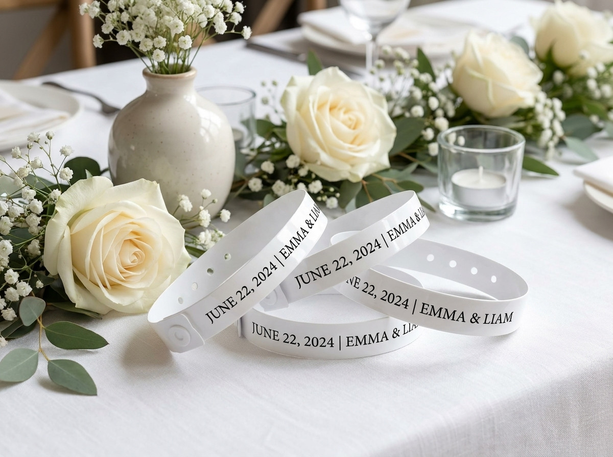 Pulseiras Tyvek brancas personalizadas com os primeiros nomes dos noivos e data, pousadas sobre uma mesa de casamento decorada com flores