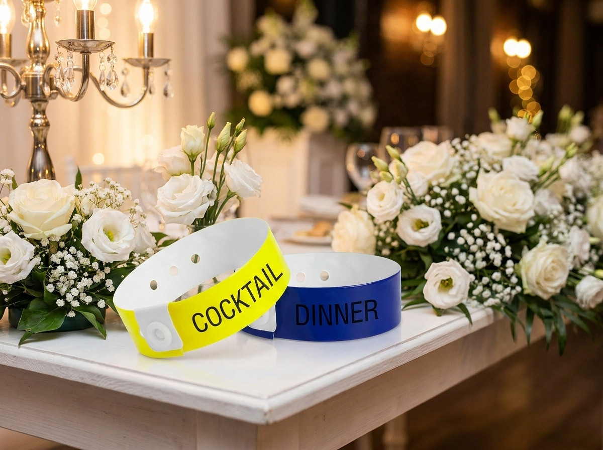 Dois tipos de pulseiras de casamento pousadas lado a lado numa mesa de recepcao decorada com flores brancas, ilustrando a distincao entre cocktail e jantar