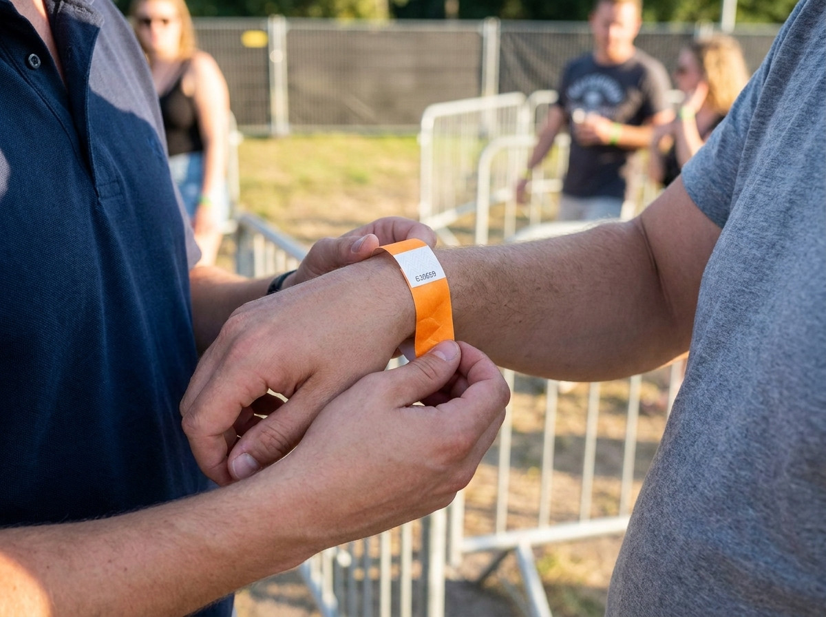 Equipe de recepção de um festival colocando uma pulseira de identificação numerada no pulso de um participante na entrada