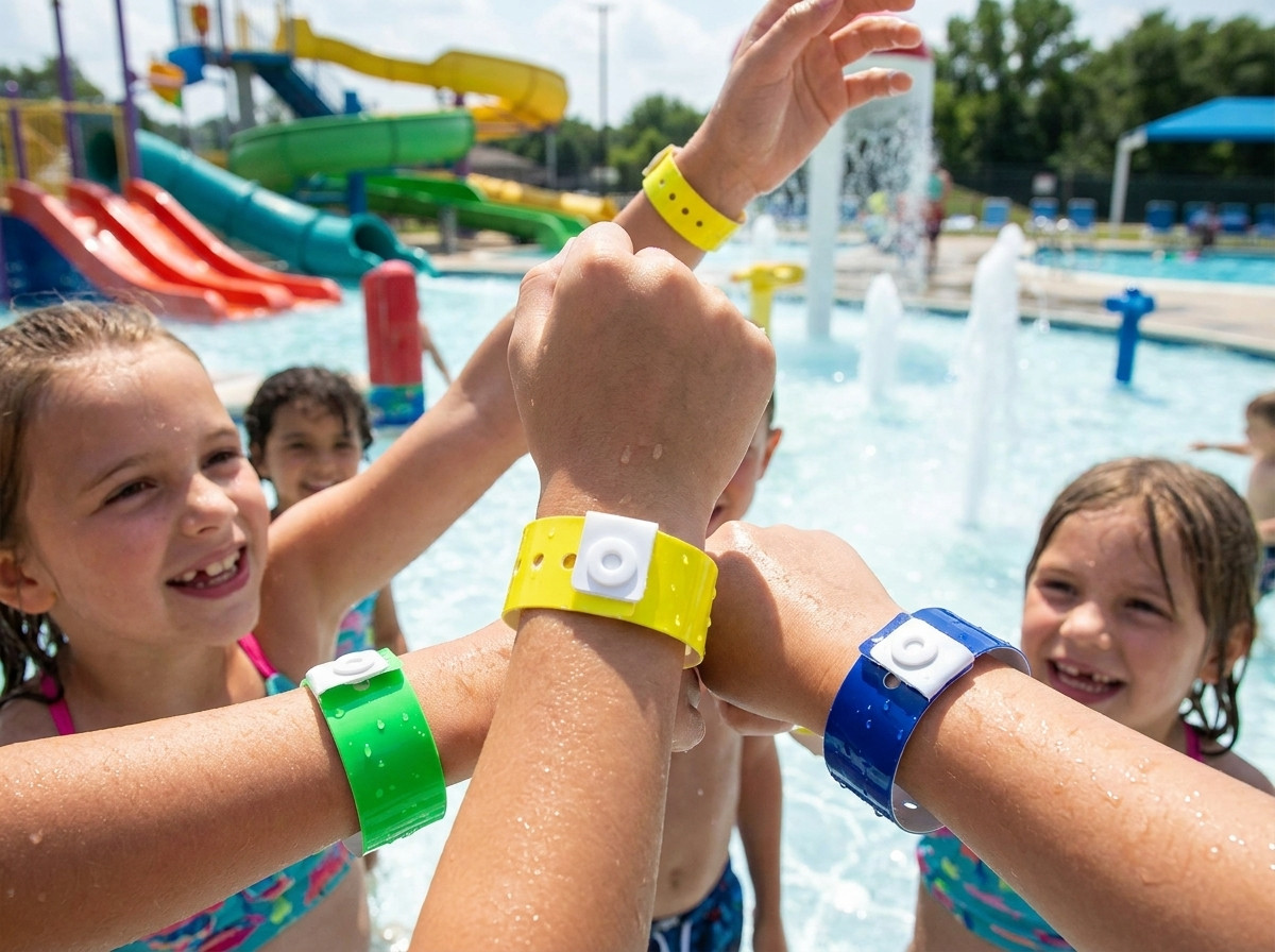 Pulseiras de vinil impermeáveis coloridas usadas por crianças num parque aquático ensolarado