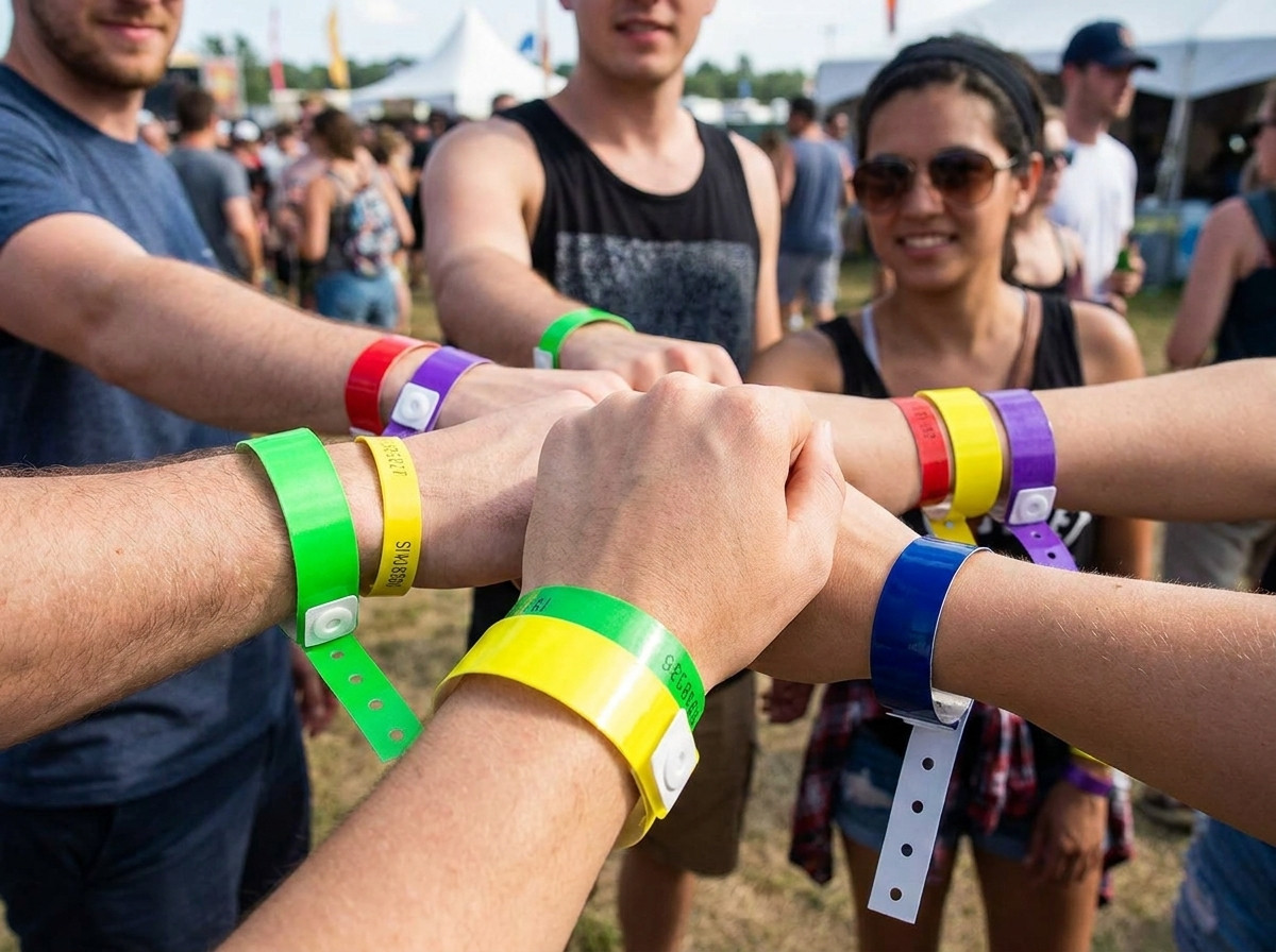 Pulseiras vinil coloridas usadas por visitantes a entrada de um parque aquatico com tobogas e piscinas ao fundo