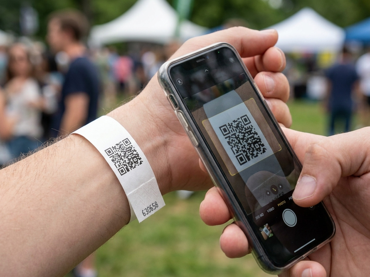Close em uma pulseira Tyvek branca com QR code impresso em preto, escaneada por um smartphone durante um controle de acesso na entrada de um festival