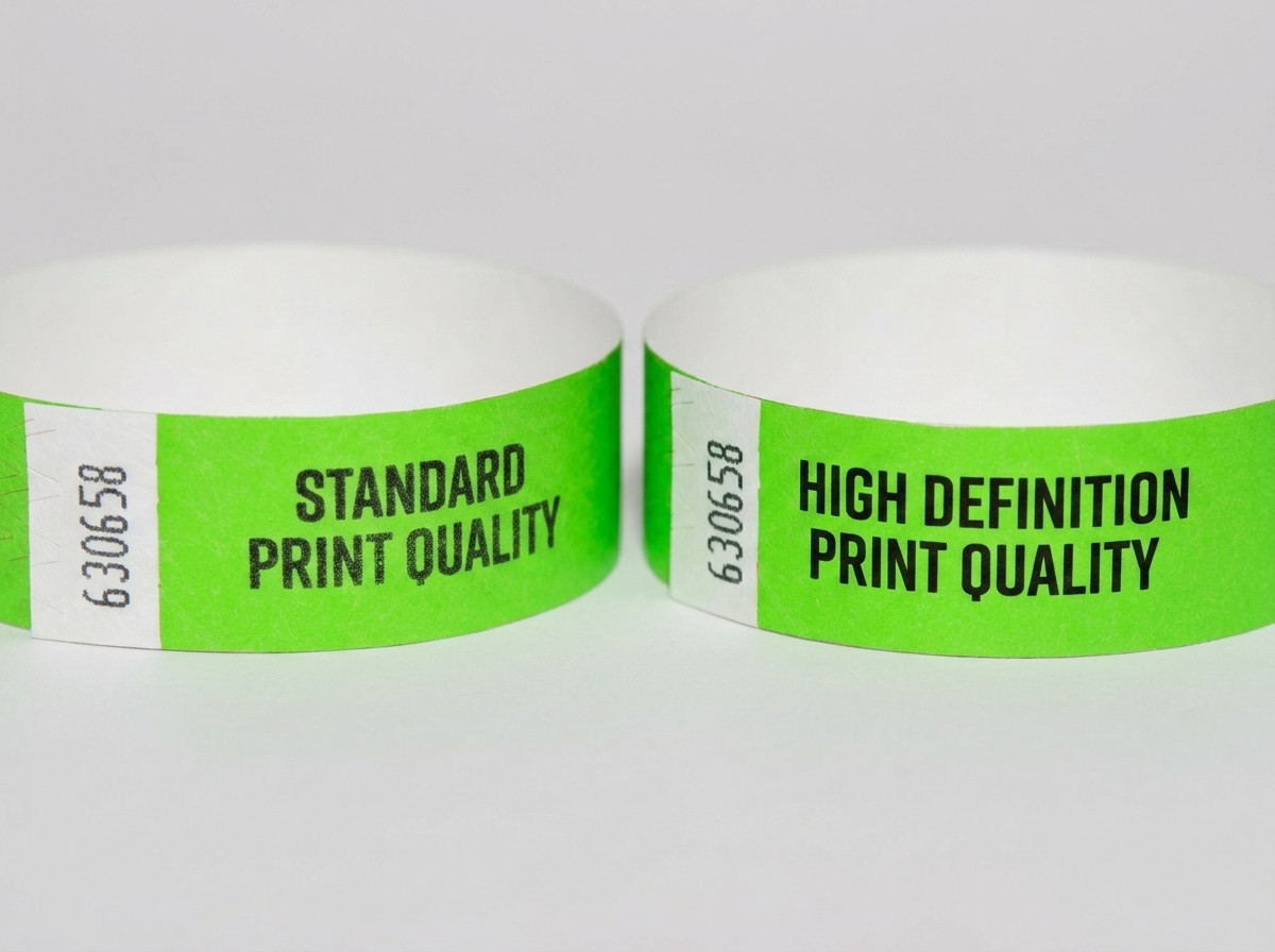Comparação lado a lado de uma pulseira Tyvek e de uma pulseira de identificação, cada uma com QR code impresso em alta definição com design de evento colorido