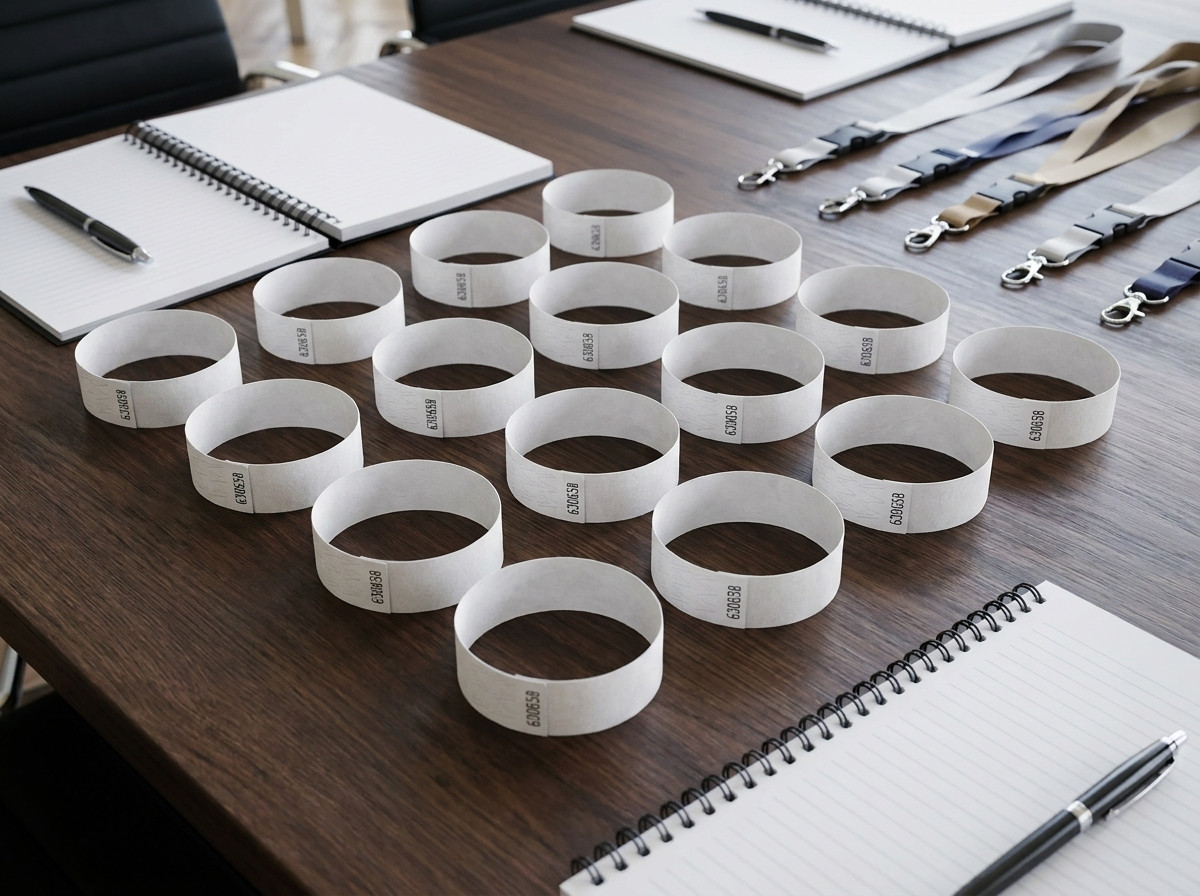 Pulseiras de seminário personalizadas com logotipo corporativo e código de barras, colocadas sobre uma mesa de conferência profissional