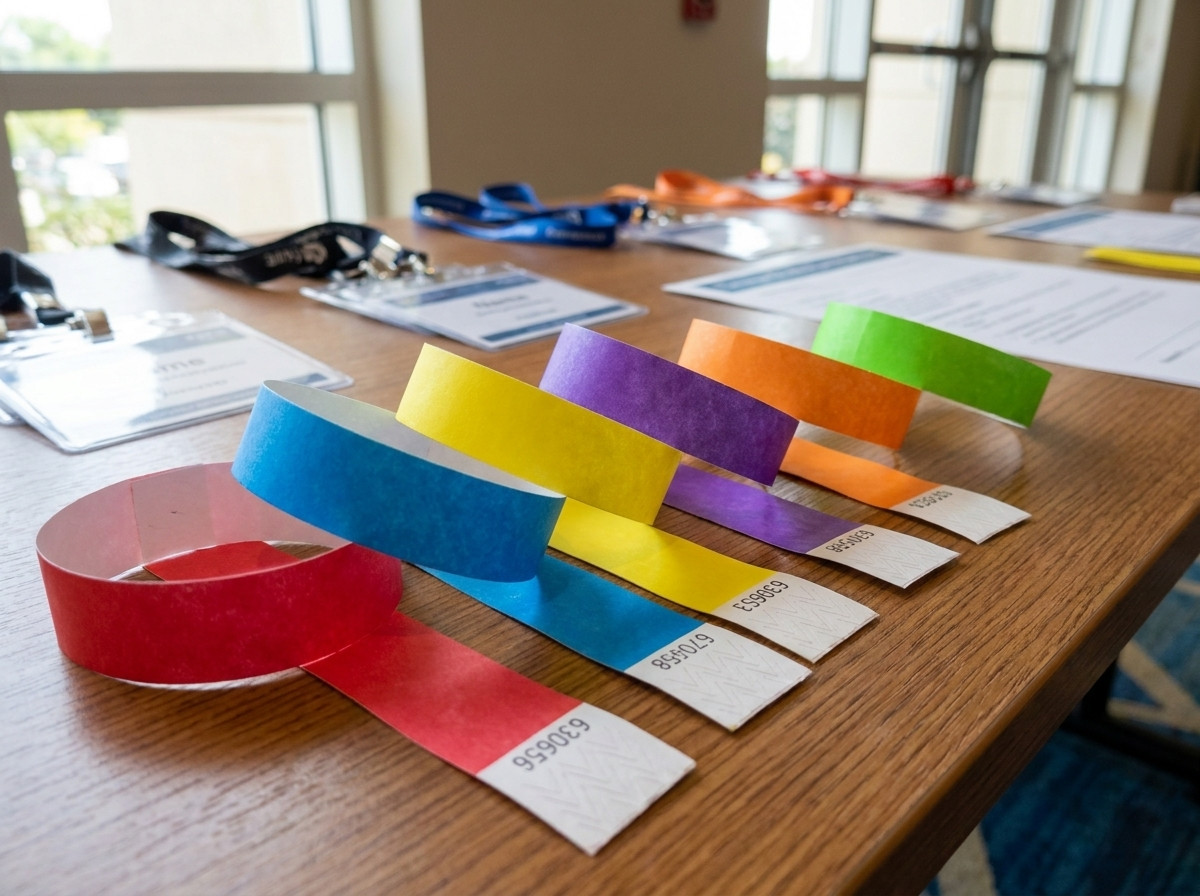 Pulseiras de identificação personalizadas dispostas sobre uma mesa de credenciamento durante um congresso profissional de vários dias, com logotipos e códigos de cores distintos por tipo de passe