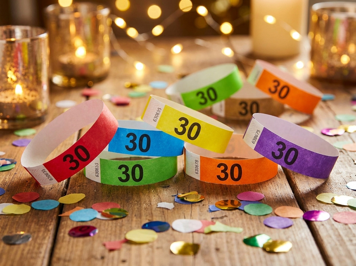 Pulseiras Tyvek coloridas personalizadas com o número 30 para uma festa de aniversário, pousadas sobre uma mesa decorada com confetes