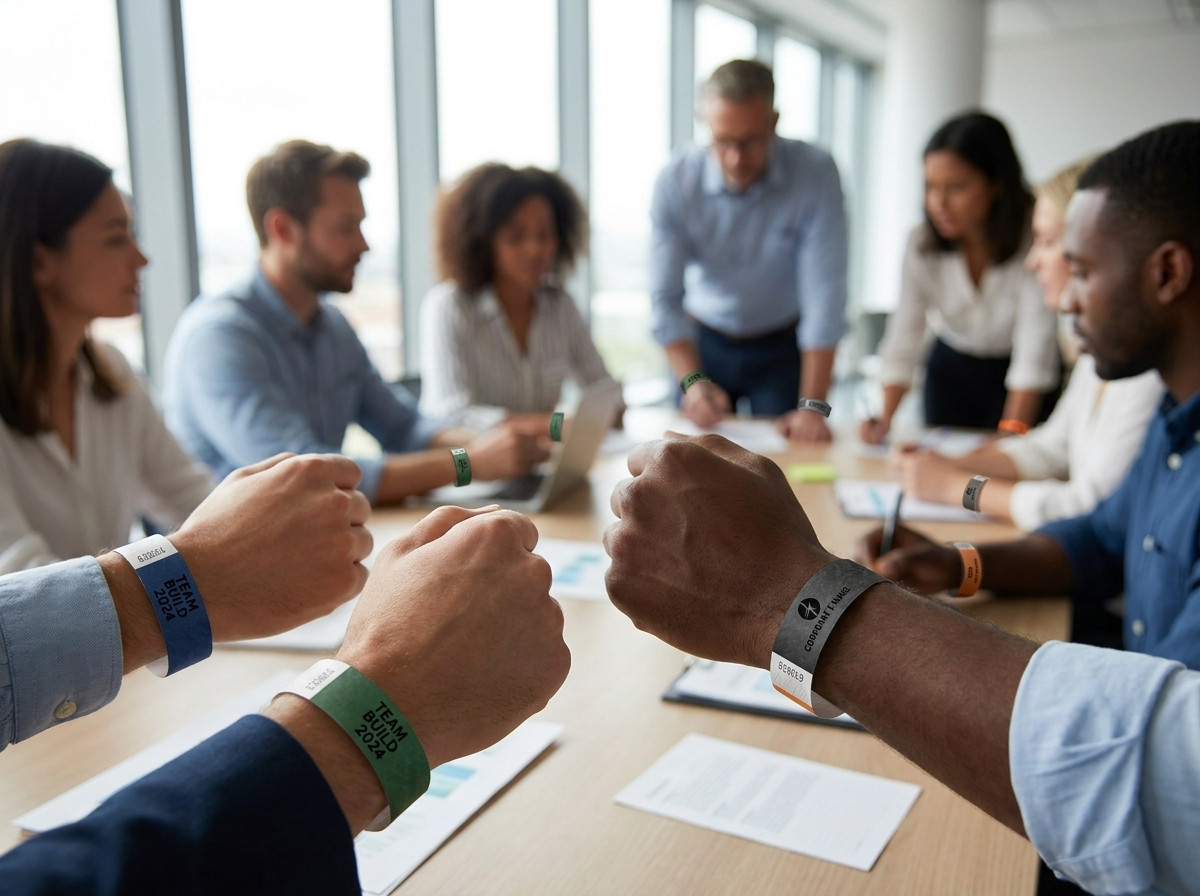 Pulseiras de identificação personalizadas nas cores de uma empresa, usadas por participantes durante um evento de team building em interior