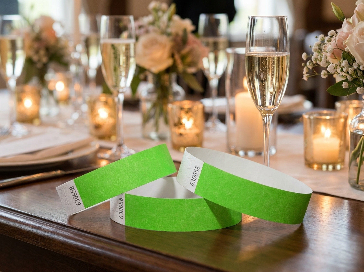 Pulseiras Tyvek personalizadas para uma festa privada elegante, pousadas sobre uma mesa decorada com taças de champanhe