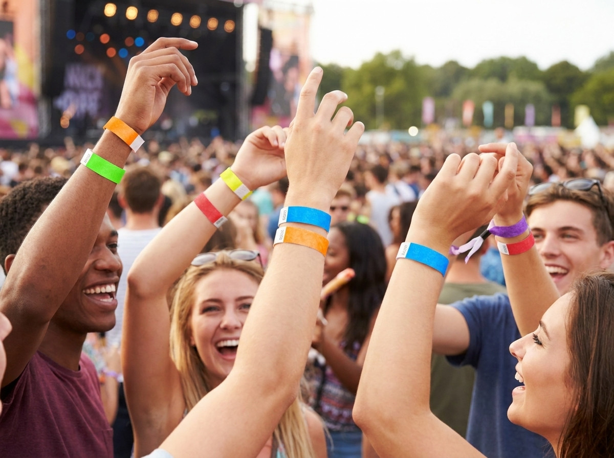 Pulseiras Tyvek coloridas usadas por festivaleiros durante um concerto ao ar livre, ilustrando a sua resistência e conforto