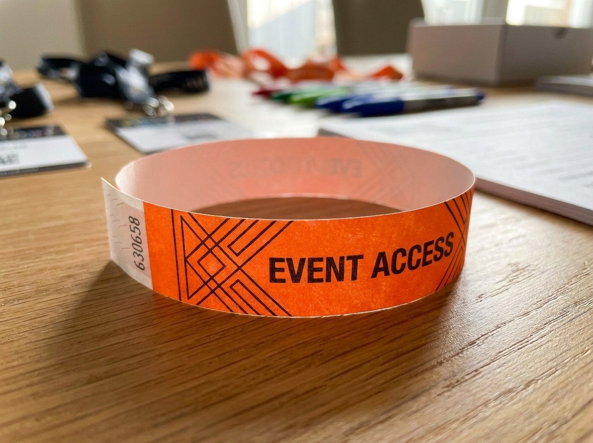 Close-up de uma pulseira Tyvek colorida com impressao HD em uma mesa de equipamentos de evento